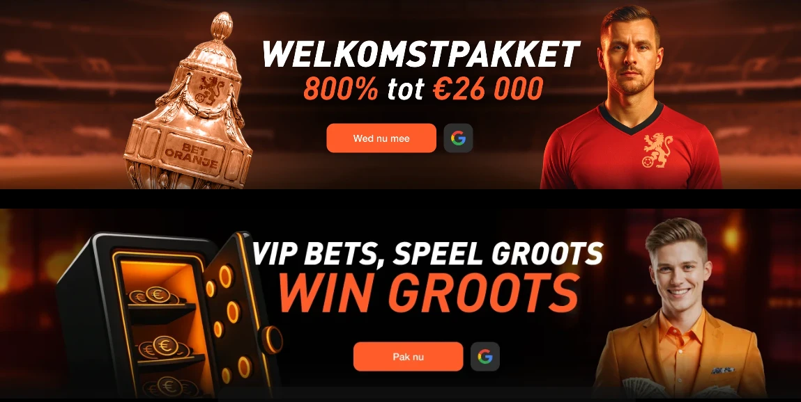 Betoranje welkomstpakket met 800% bonus tot € 26.000 en een oranje voetbalshirt